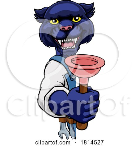 Panther Plumber Cartoon Mascot Holding Plunger by AtStockIllustration