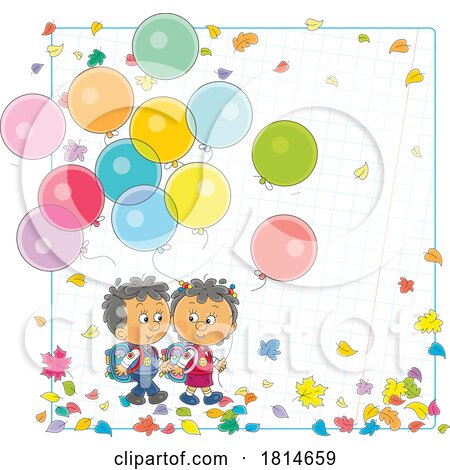 School Children with Balloons and Leaves over Graph Paper Licensed Stock Image by Alex Bannykh