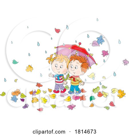 Children with an Umbrella in an Autumn Rain Licensed Stock Image by Alex Bannykh