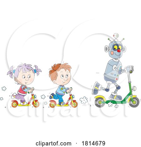 Kids and Robot Riding Kick Scooters Licensed Stock Image by Alex Bannykh