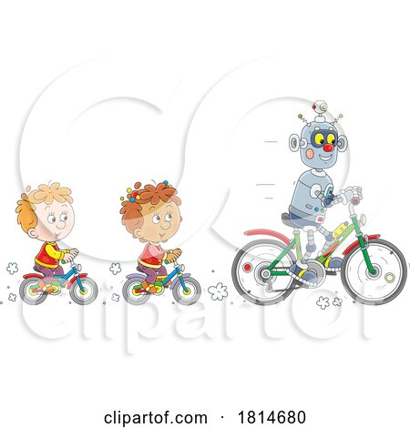 Kids and a Robot Riding Bikes Licensed Stock Image by Alex Bannykh