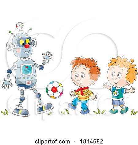 Robot and Boys Playing Soccer Licensed Stock Image by Alex Bannykh