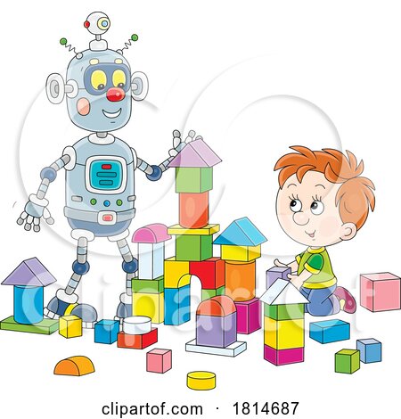 Boy and Robot Playing with Blocks Licensed Stock Image by Alex Bannykh