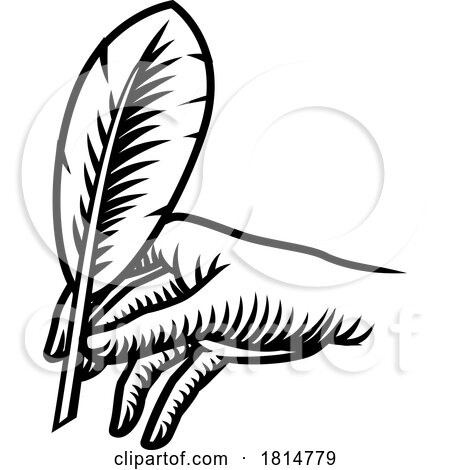 Hand and Old Quill Feather Pen Writing Engraving by AtStockIllustration