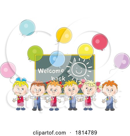 Cartoon Students with Balloons and Welcome Back Chalkboard Licensed Clipart by Alex Bannykh