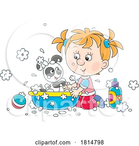 Cartoon Girl Washing a Puppy Licensed Clipart by Alex Bannykh