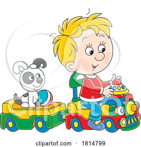 Cartoon Boy and Puppy Playing on a Toy Train Licensed Clipart by Alex Bannykh