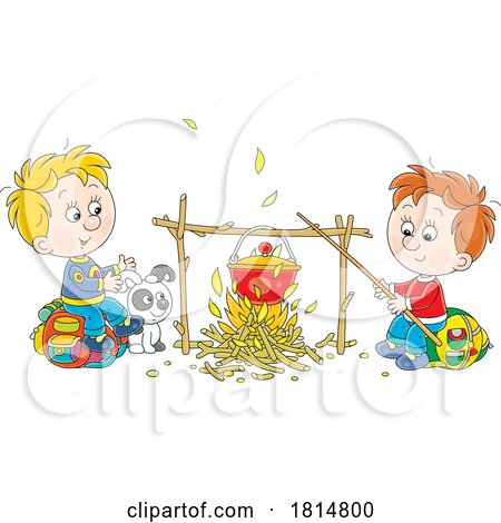 Cartoon Boys and Puppy Cooking on a Camp Fire Licensed Clipart by Alex Bannykh