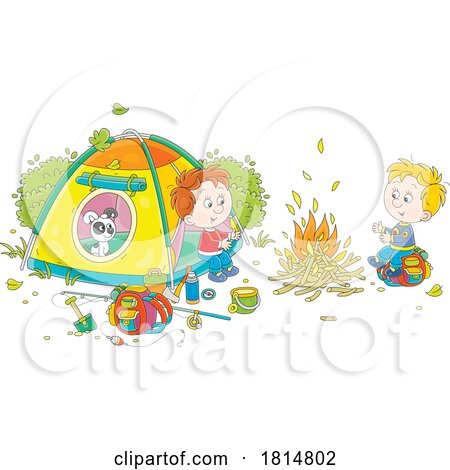 Cartoon Boys and Puppy Camping Licensed Clipart by Alex Bannykh