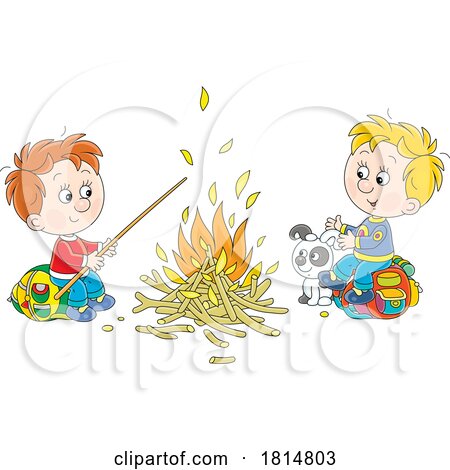 Cartoon Boys and Puppy at a Camp Fire Licensed Clipart by Alex Bannykh