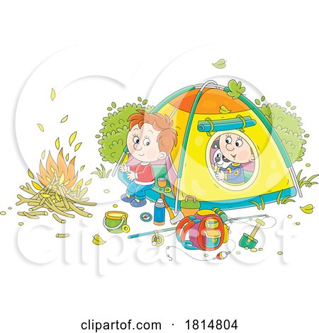 Cartoon Boys and Puppy Camping Licensed Clipart by Alex Bannykh