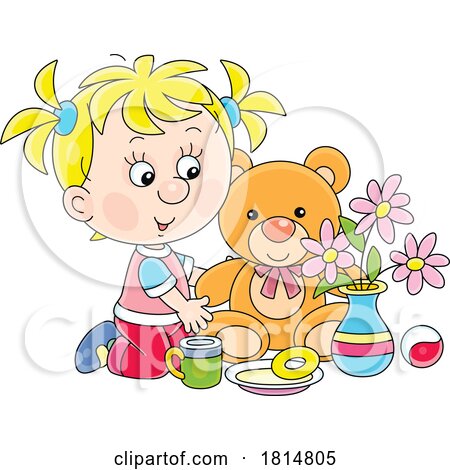 Cartoon Playing Tea Time with Her Teddy Bear Licensed Clipart by Alex Bannykh