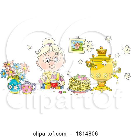 Cartoon Lady Eating Pancakes and Drinking Tea Licensed Clipart by Alex Bannykh