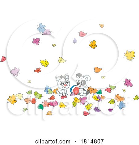 Cartoon Kitten and Puppy Playing in Autumn Leaves Licensed Clipart by Alex Bannykh