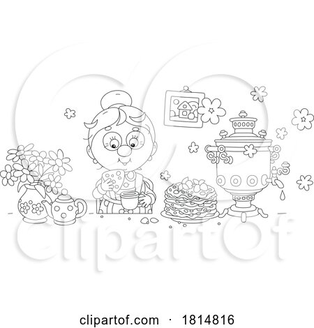 Cartoon Lady Eating Pancakes and Drinking Tea Licensed Clipart by Alex Bannykh