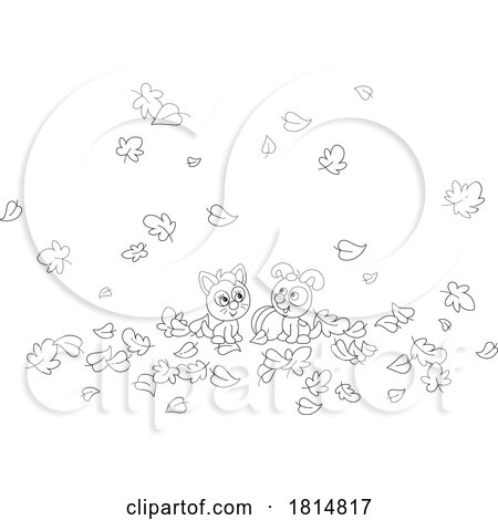 Cartoon Kitten and Puppy Playing in Autumn Leaves Licensed Clipart by Alex Bannykh