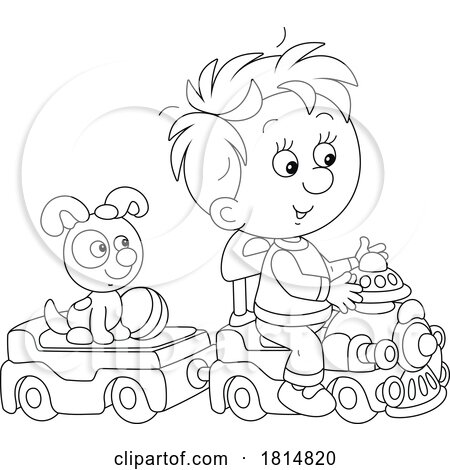 Cartoon Boy and Puppy Playing on a Toy Train Licensed Clipart by Alex Bannykh