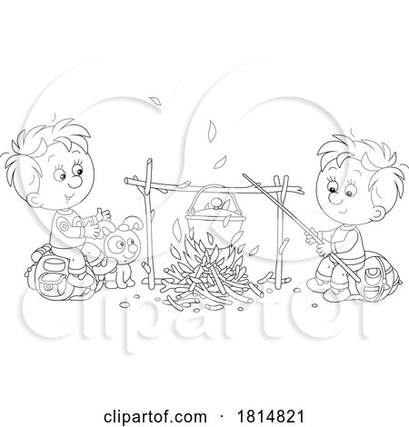 Cartoon Boys and Puppy Cooking on a Camp Fire Licensed Clipart by Alex Bannykh