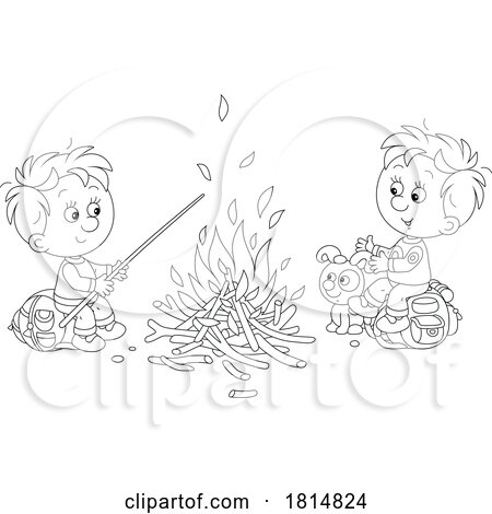 Cartoon Boys and Puppy at a Camp Fire Licensed Clipart by Alex Bannykh