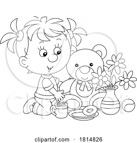 Cartoon Playing Tea Time with Her Teddy Bear Licensed Clipart by Alex Bannykh