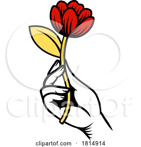 Hand Holding Flower Vintage Woodcut Tattoo Style by AtStockIllustration