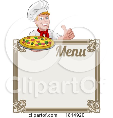 Pizza Chef Cook Cartoon Man Menu Sign Background by AtStockIllustration