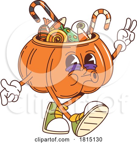 Cartoon Halloween Pumpkin Bucket Full of Candy Mascot Clipart by Vector Tradition SM