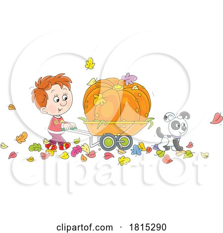 Cartoon Boy Pushing a Giant Pumpkin in a Wheelbarrow Clipart by Alex Bannykh