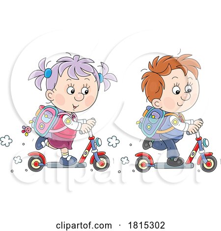 Cartoon School Children Riding Scooters Clipart by Alex Bannykh