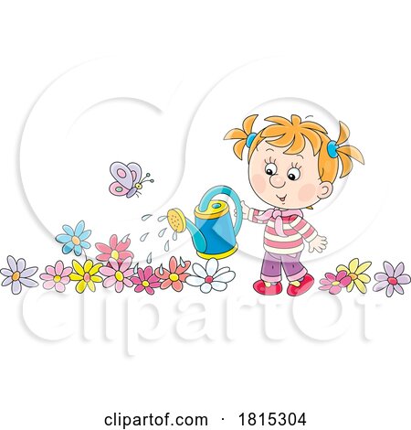 Cartoon Girl Watering Flowers Clipart by Alex Bannykh