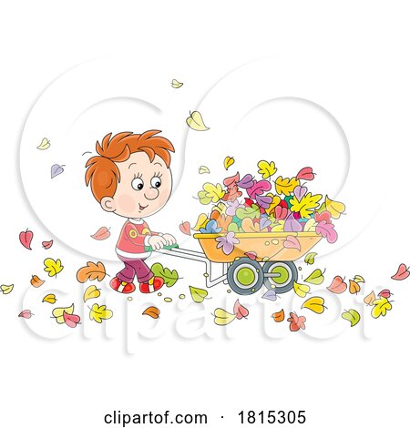 Cartoon Boy Using a Wheelbarrow to Move Fall Leaves Clipart by Alex Bannykh