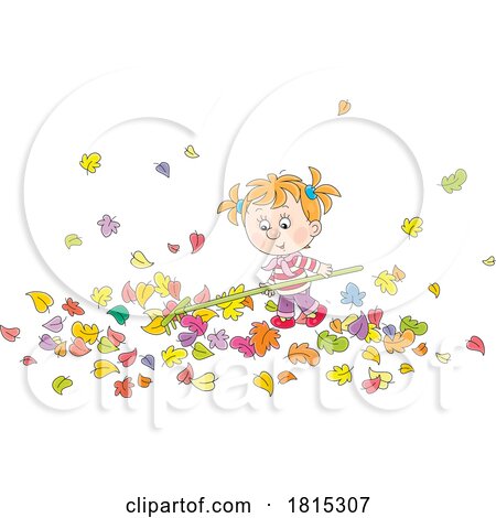 Girl Raking Leaves Clipart by Alex Bannykh