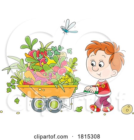 Cartoon Boy Pushing a Wheelbarrow of Harvested Food Clipart by Alex Bannykh