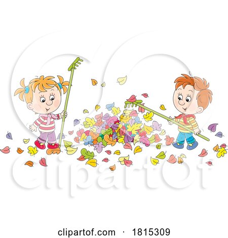 Cartoon Children Raking Autumn Leaves Clipart by Alex Bannykh