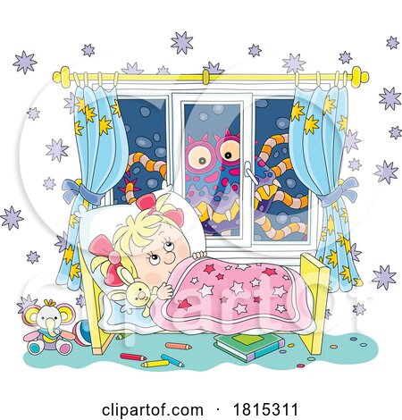 Cartoon Girl with a Monster at Her Window Clipart by Alex Bannykh