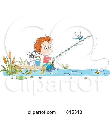 Cartoon Boy and Puppy Fishing Clipart by Alex Bannykh