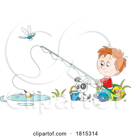 Cartoon Boy and Puppy Fishing Clipart by Alex Bannykh