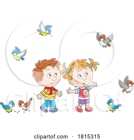 Cartoon Children Feeding Birds Clipart by Alex Bannykh