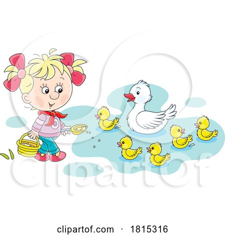 Cartoon Girl Feeding Ducks Clipart by Alex Bannykh