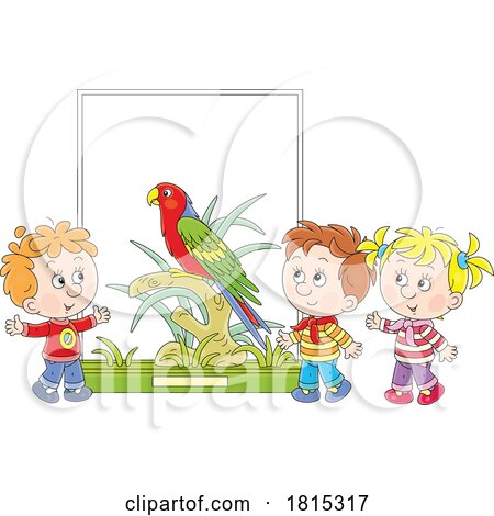 Cartoon Children Observing a Parrot Clipart by Alex Bannykh