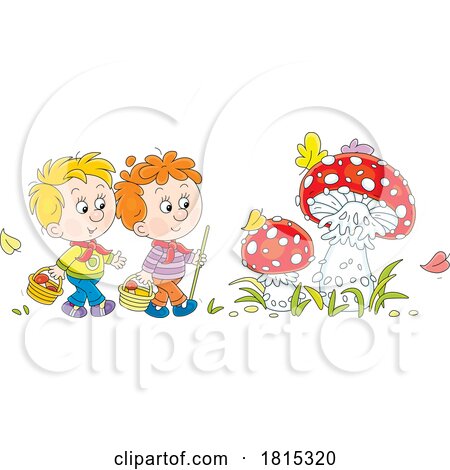 Cartoon Boys Gathering Mushrooms Clipart by Alex Bannykh