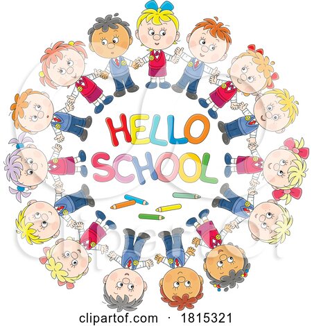 Cartoon Children Around Hello School Text Clipart by Alex Bannykh