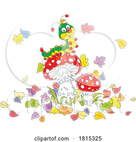 Cartoon Happy Caterpillar on an Autumn Mushroom Clipart by Alex Bannykh