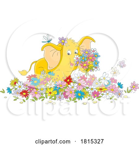 Cartoon Elephant in a Flower Garden Clipart by Alex Bannykh