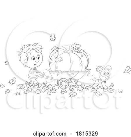 Cartoon Boy Pushing a Giant Pumpkin in a Wheelbarrow Clipart by Alex Bannykh