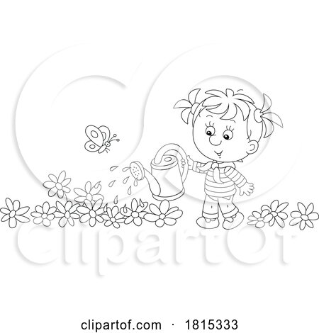 Cartoon Girl Watering Flowers Clipart by Alex Bannykh