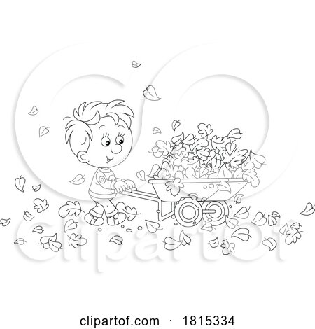 Cartoon Boy Using a Wheelbarrow to Move Fall Leaves Clipart by Alex Bannykh