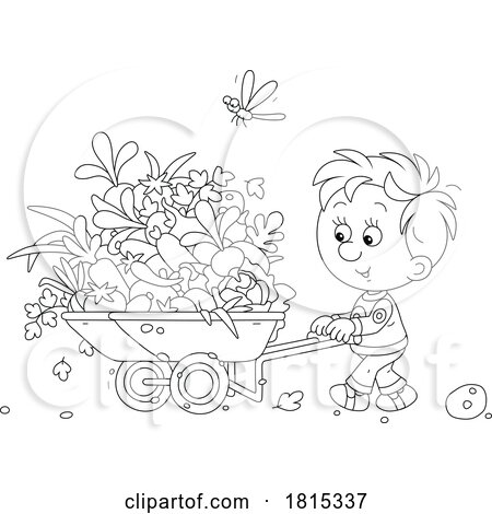 Cartoon Boy Pushing a Wheelbarrow of Harvested Food Clipart by Alex Bannykh