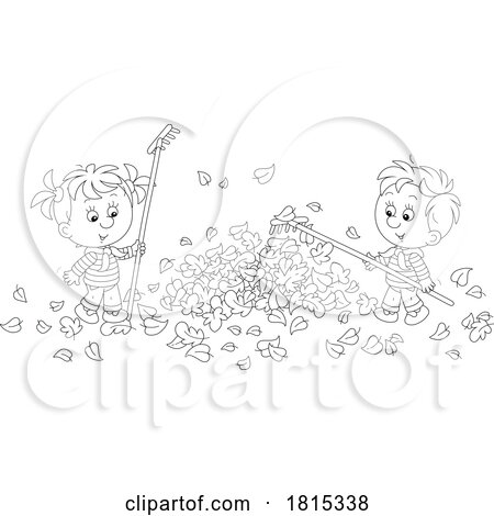 Cartoon Children Raking Autumn Leaves Clipart by Alex Bannykh