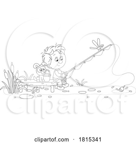 Cartoon Boy and Puppy Fishing Clipart by Alex Bannykh